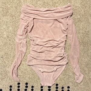 SHEIN Blush Pink/Nude Off-Shoulder Mesh Bodysuit